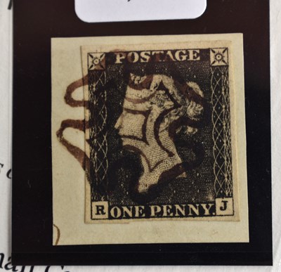 Lot 172 - A 1d penny black stamp, 1840, lettered RJ grey-...