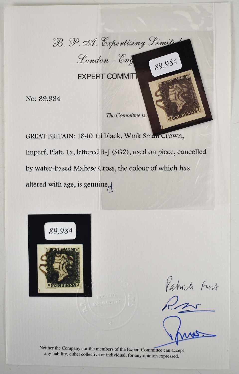 Lot 172 - A 1d penny black stamp, 1840, lettered RJ grey-...