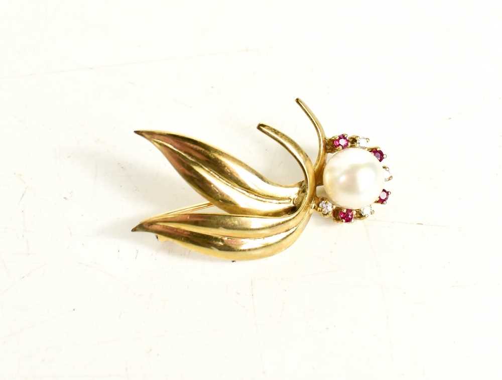 Lot 3 - A 9ct gold, pearl, diamond and ruby brooch, in...