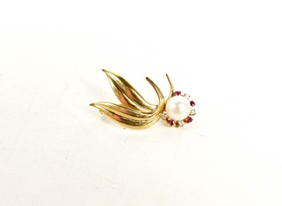 Lot 3 - A 9ct gold, pearl, diamond and ruby brooch, in...