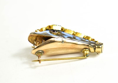 Lot 27 - A gold, blue enamel, emerald and ruby brooch...