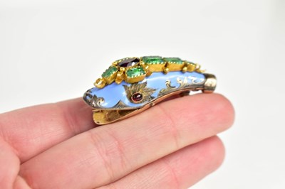 Lot 27 - A gold, blue enamel, emerald and ruby brooch...