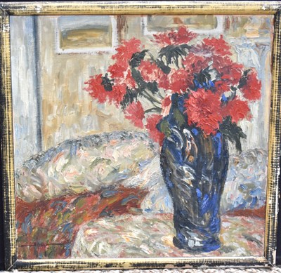 Lot 136 - Still life of red flowers in a vase, oil on...