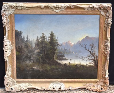 Lot 137 - Lake and mountain scene, oil on canvas, 20th...