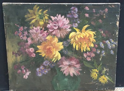 Lot 172 - Still life of flowers in a vase, oil on canvas,...