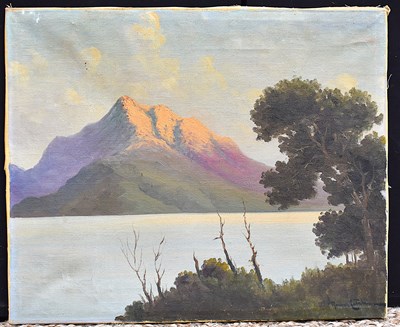 Lot 173 - A Mid-Century oil on canvas depicting a lake...