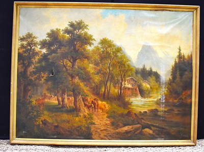 Lot 342 - A 20th century oil on canvas depicting cattle...