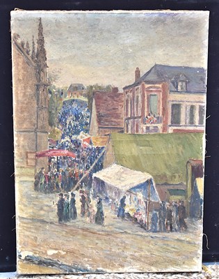 Lot 473 - Leblanc (French, 20th century): Busy town...