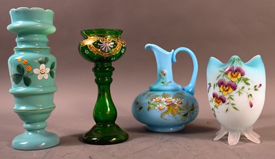 Lot 214 - A Victorian blue opaque glass jug decorated...