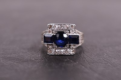 Lot 113 - A platinum, diamond and sapphire ring, in the...