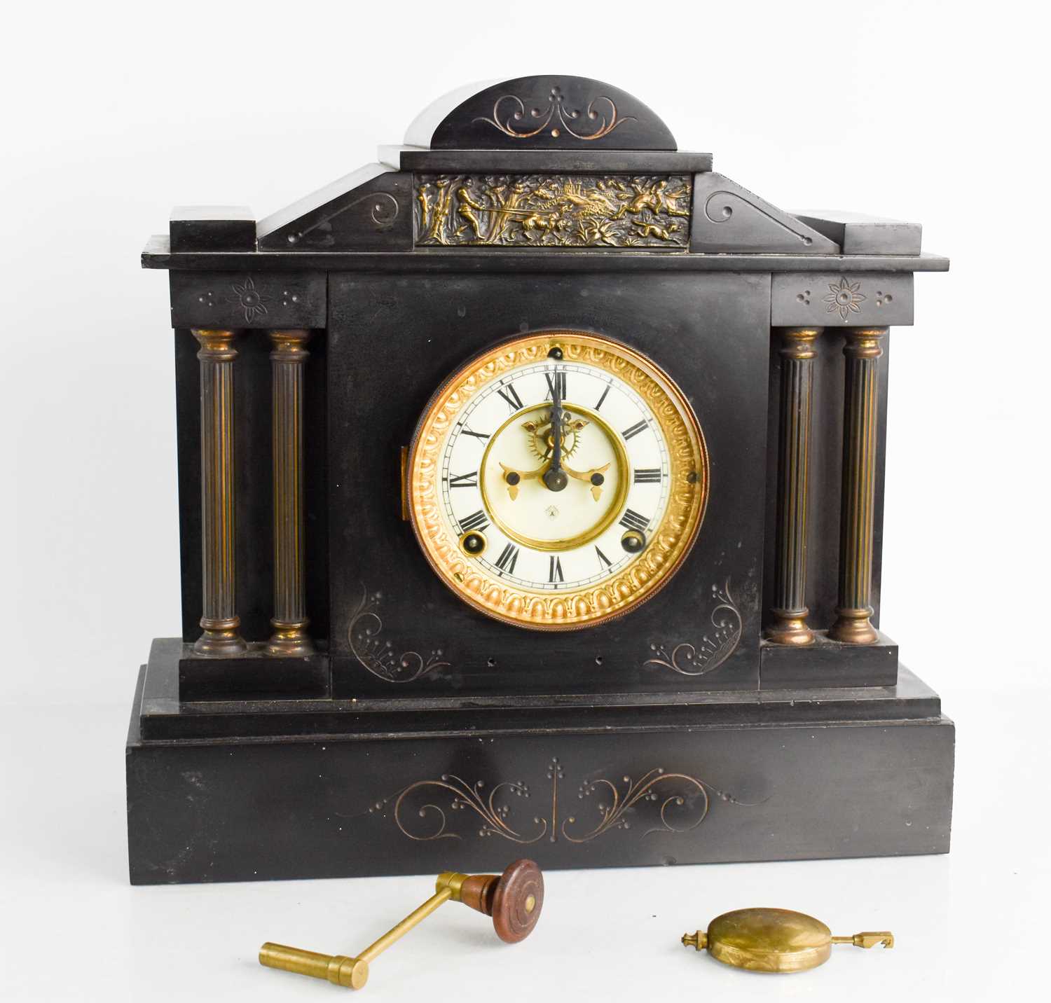 Lot 291 - A Victorian slate mantle clock with Roman
